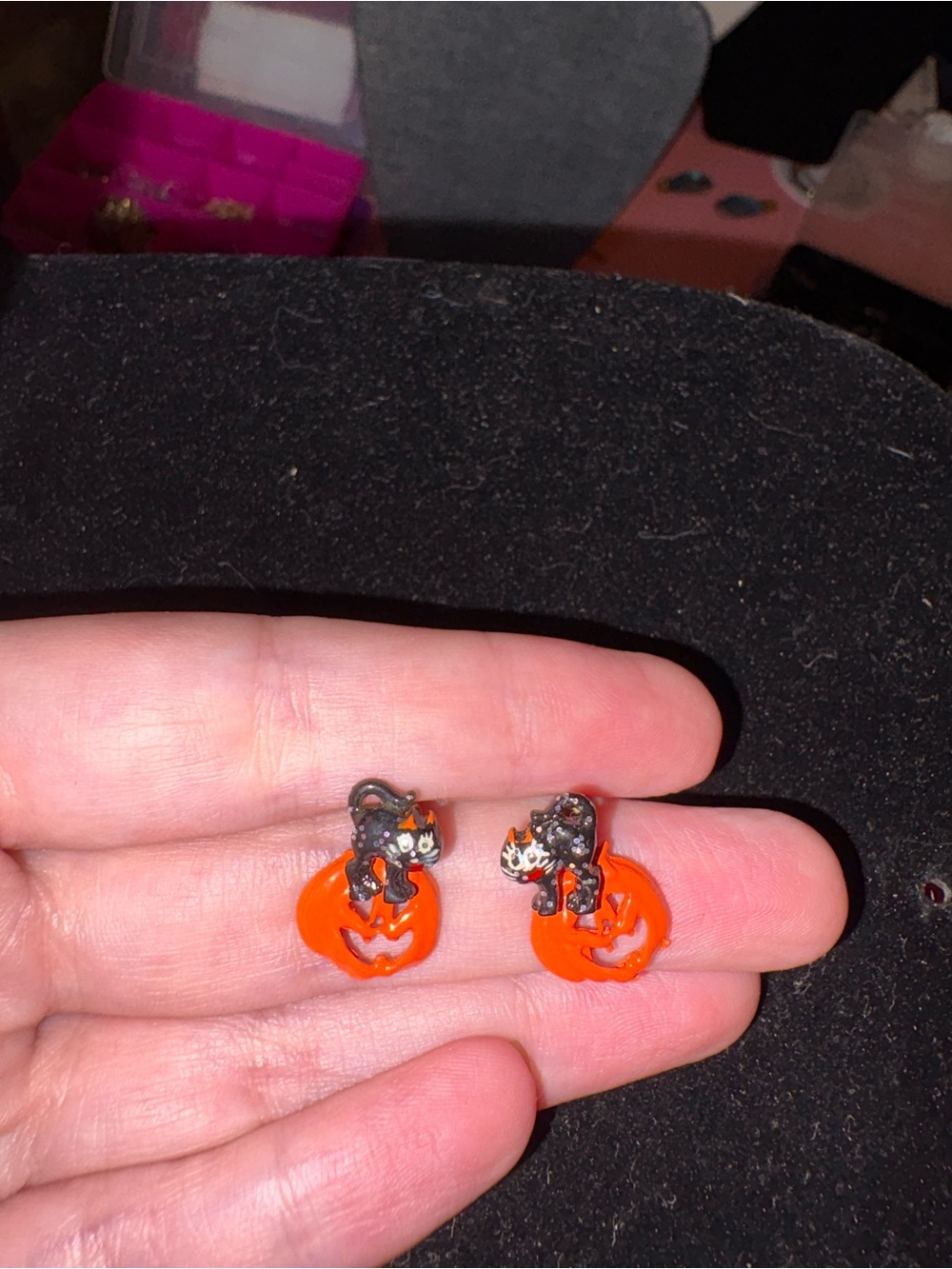 Cute Black Cat on Orange Pumpkin Halloween Stud Earrings